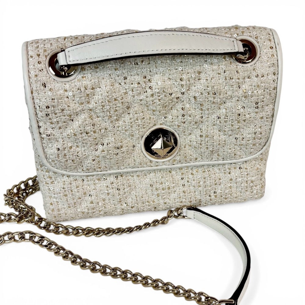 Kate Spade Natalia Tweed Sequin‎ Quilted Shoulder Bag Cream Gold Turnlock Medium